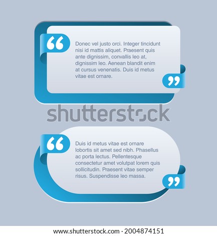 Quotes template - decorative rounded frame block. Creative blue quotation marks and place with sample text, message box - vector typographic block or website element