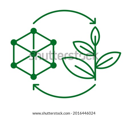 Biodegradable thin line icon - plastic polymers turns to plant branch - eco friendly compostable material production - environment protection emblem