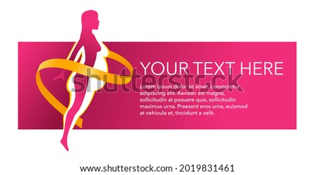 Weight loss challenge diet program modern banner template - slim woman silhouette with measuring tape around and place for slogan or company name. Vector illustration