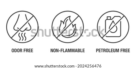 Odor free, Petroleum free, Non-flammable flat icons set for labeling of cleaning agent or other household chemicals Foto stock © 