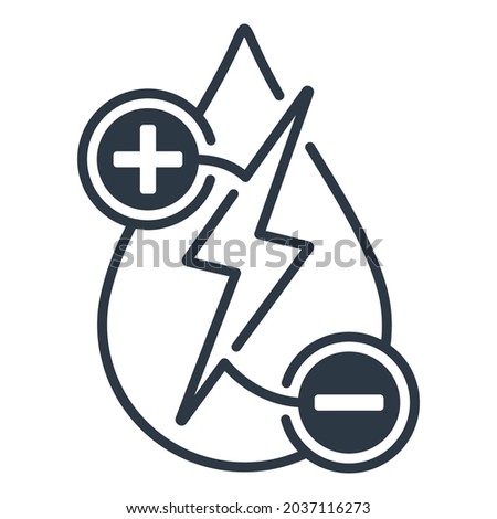 Electrolyte Water flat icon for mineral drinks or other beverages - electric ions in drop. Vector emblem in thin line