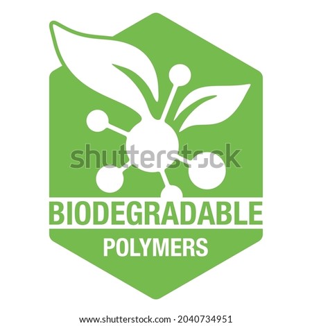 Biodegradable polymers emblem - plastic molecules turns to plant branch - eco friendly compostable material production, program for environment protection