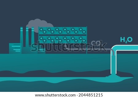 Decarbonization - carbon capture and storage - using fan and filter that separating atmosphere air into fresh air and pure CO2 mixed with water. Vector illustration Foto d'archivio © 