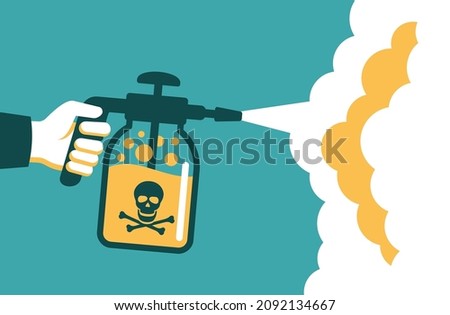 Spraying pesticide and insecticide. Farmer holding sprayer with fertilizer. Chemical treatment of garden plants concept. Vector illustration ストックフォト © 