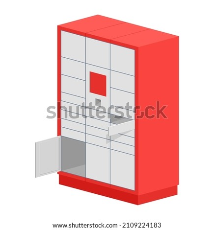 Automated parcel locker with mailbox cells - modern method of delivery - Isometric vector illustration in red and gray color