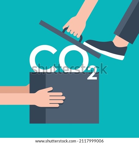 CO2 Capture Technology research - net zer footprint neutralize development strategy. Vector illustration with metaphor - persons catching carbon dioxide in cooking pot