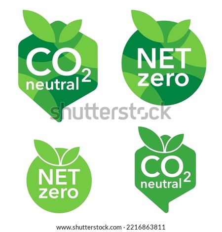 Net-Zero and CO2 neutral slogans set . Carbon neutrality - no air atmosphere pollution industrial production eco-friendly template