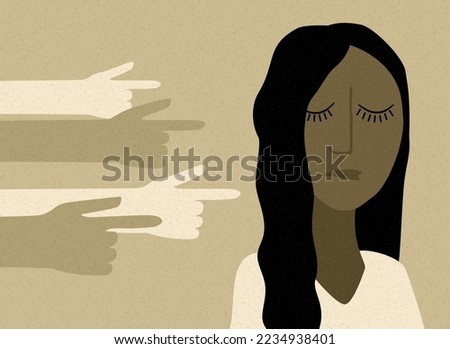 Victim of social bullying. Index fingers pointing at sad depressed woman feeling shame, guilty. Society conviction, denunciation, blame, accusing concept