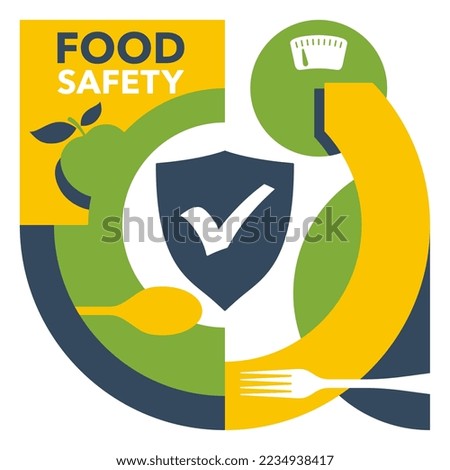 Food safety pattern - scientific discipline that prevent food-borne illness. Cooperation of handling, preparation, and storage of food. Isolated modern vector emblem