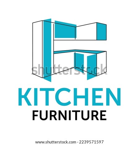 Custom furniture kitchen modern logo template - creative perspective fasade form of cooking worktop - isolated vector emblem. Vector illustration