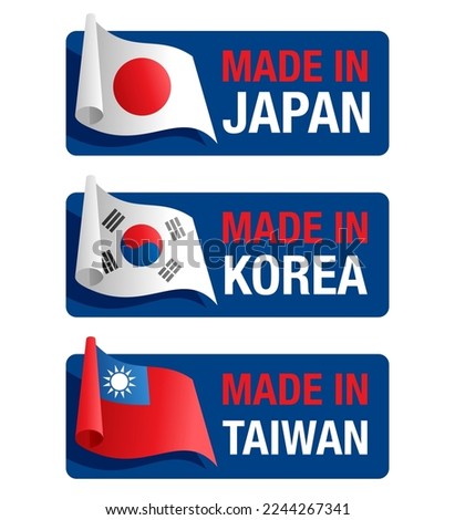 Asian Country of origin horizontal badges set - Made in Japan, Korea, Taiwan - isolated badges with country flag