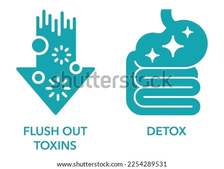 Detox and Flush Out Toxins flat icons set - labeling of food supplement