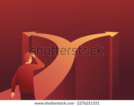 Person Thinking before important choice - crossroads, signpost and character in abstract art style - correct decision choosing. Grungy Textured illustration for business or political voting