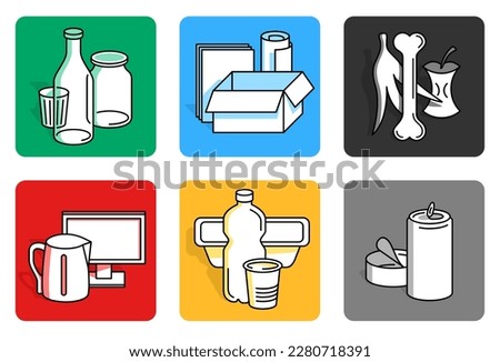 Waste sorting, separation square icons set - dumpster stickers with 6 different garbage types - glass, plastic, metal, paper, organic and electronic waste - vector collection