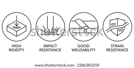Characteristics of metal products thin line icons set - High Rigidity, Impact Resistance, Good Weldability, Strain Resistance