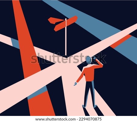 Correct decision chosing - confused man character standing on the crossroads and looking at signpost with three different directions - conceptual vector illustration