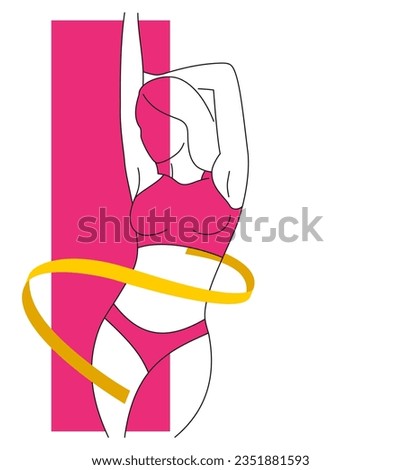 Losing weight decoration - diet, weight loss, fitness - perfect woman body in thin line with measuring tape around