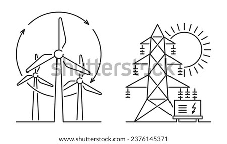 Renewable energy sources innovations icons solar energy and wind turbines icons set in thin line - Sustainable development