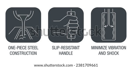 Square Icons set for labeling of working tools such as hammer, pilers or sledge - minimize vibration and shock, one-piece steel construction, slip-resistant handle