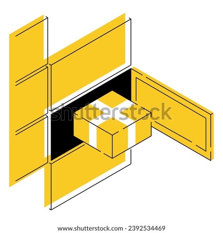 Automated parcel locker with mailbox cells - modern method of delivery. Isometric and isolated vector illustration in thin line and yellow background