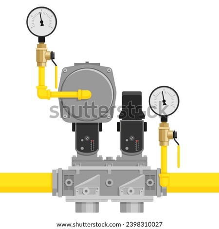 Gas valve train for combustion system - piping with different shutoff devices, switches and monitoring tools