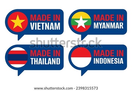 Asian Country of origin horizontal labels set - Made in Vietnam, Myanmar, Thailand, Indonesia - isolated badges with country flag