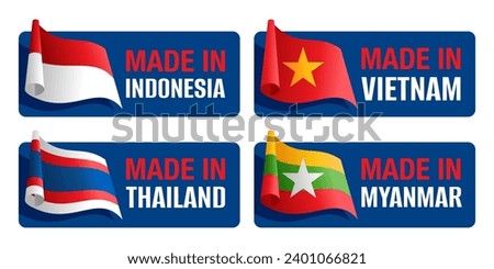 Asian Country of origin horizontal labels set - Made in Vietnam, Myanmar, Thailand, Indonesia - isolated badges with 3D flags