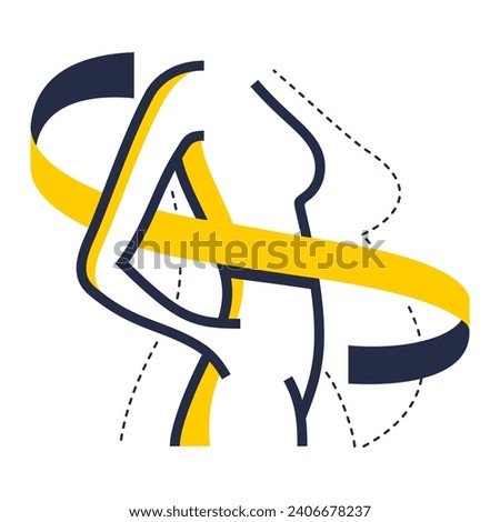 Losing weight icon in bold line - diet, fitness or liposaction logo - fat woman body in dashed line and slim figure in main color with measuring tape 