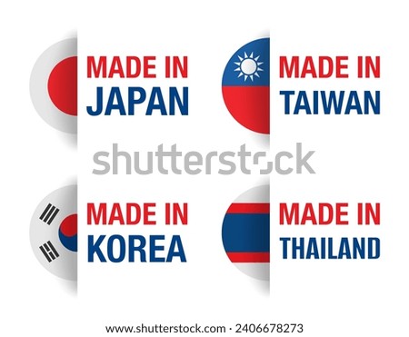 Asian Country of origin badges set - Made in Japan, Korea, Taiwan, Thailand - with country flag