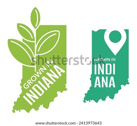 Grown in Indiana state of US. Eco-friendly label for packaging of local farming products - isolated vector sticker in state shape
