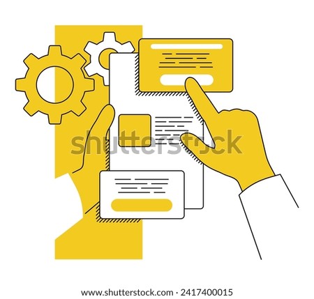 Zero-coding development of websites and web applications - tools without manual coding. Illustration in thin line with yellow background
