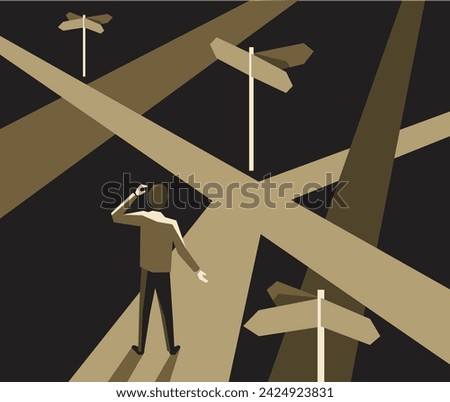 Correct decision choosing concept in neutral colors - confused man character standing on the crossroads and looking at signpost with different directions