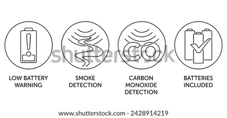 Carbon Monixide detector icons set with properties in thin line. For labeling. Low battery warning, Smoke and Carbon detection, Batteries included. 