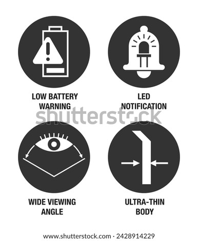 Security device benefits icons set - Ultra-thin Body, Wide Viewing Angle, Led Notification, Low Battery Warning. Pictograms for labeling in monochrome style and circle shapes