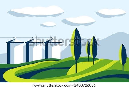 Abstract simple agricultural rural landscape with hills, trees and silo towers for grains or oils