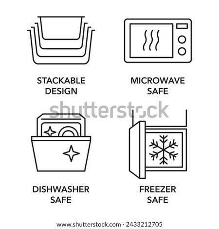 Food storage benefits and properties - Dishwasher, Freezer, Microwave safe and Stackable design - circular icons set for labeling in thin line