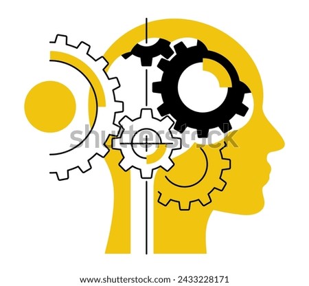 Human head with gears mechanism as a brain metaphor. Psychological vector concept in thin line and yellow fill