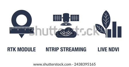 Agricultural UAV drone tracking modules icons set - RTK, NTRIP Streaming, Live NDVI view. Monochrome pictograms set for labeling