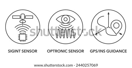 UAV built-in sensors icons set - SIGINT, Optronic sensor, GPS-INS guidance. Pictograms in thin line for vehicle characteristics