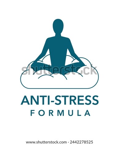 Anti-stress Formula stamp in flat symmetric style for sedative medication. Meditating silhouette on wavy background. 