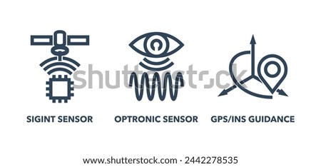 UAV built-in sensors icons set - SIGINT, Optronic sensor, GPS-INS guidance. Pictograms in bold line for vehicle characteristics