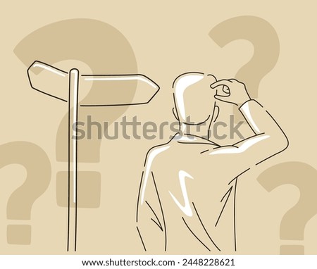 Confusion before important choice - crossroads and man in thin line - correct decision choosing. Vector illustration for business concept or political voting