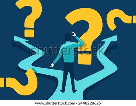 Correct decision choosing - Road fork, Question marks and thinking person, before important choice. Abstract vector illustration for business concept or political voting