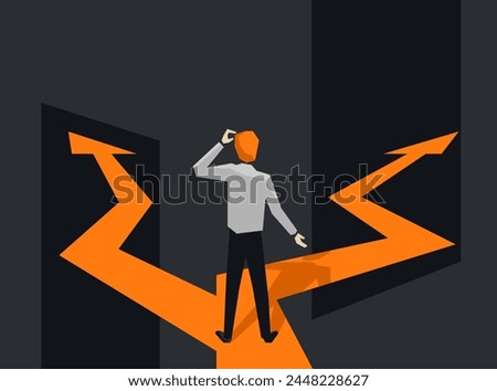 Correct decision choosing - Road fork, standing and thinking person, before important choice. vector illustration for business concept or political voting