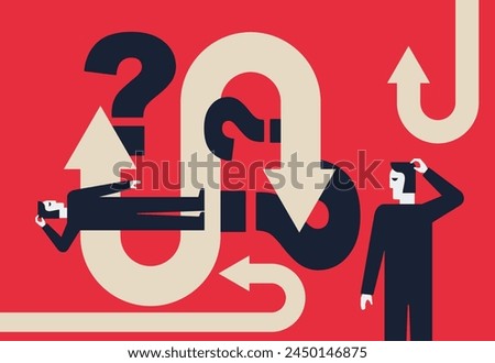 Correct decision choosing - Road fork, Question marks and thinking persons, before important choice. Abstract anti-design vector illustration for business concept or political voting.