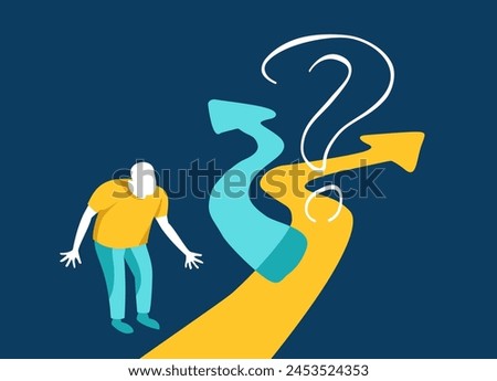 Correct decision choosing - Road fork, Question marks and thinking person, before important choice. Abstract drawn illustration for business concept or political voting