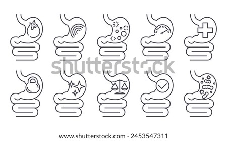 Problems and health, normalizing of functionality of stomach digestive tract. Icons set of 10 pictograms in thin line