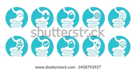 Problems and health, normalizing of functionality of stomach digestive tract. Icons set of 10 flat pictograms