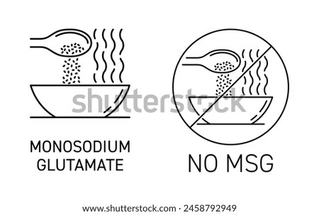 Monosodium glutamate, No MSG - sodium salt of glutamic acid, used in cooking as a flavor enhancer with a savory taste. Icons in thin line, with plate and spoon