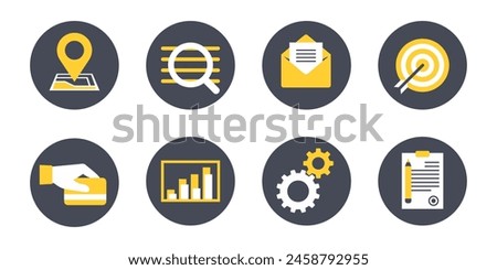 Set of necessary vector icons in two colors - location, search, mail or feedback, payment, agreement and others. For website or landing page decoration.